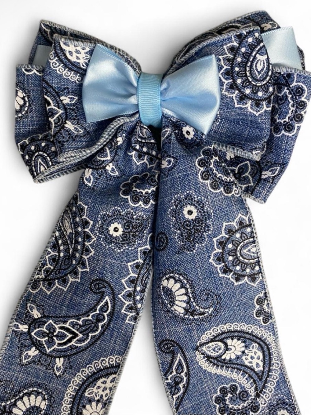 Denim Blue Paisley Print Hair Bow - Picture 3 of 4